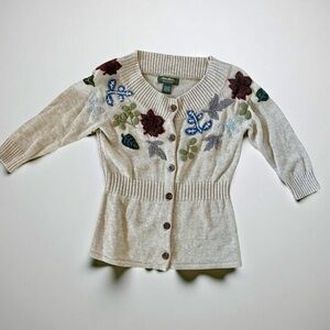 Eddie Bauer Beige Floral Embroidered Button Down Cardigan